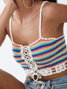 Forever 21 Rainbow Striped Crochet Lace-Up Crop Top with Cream Trim